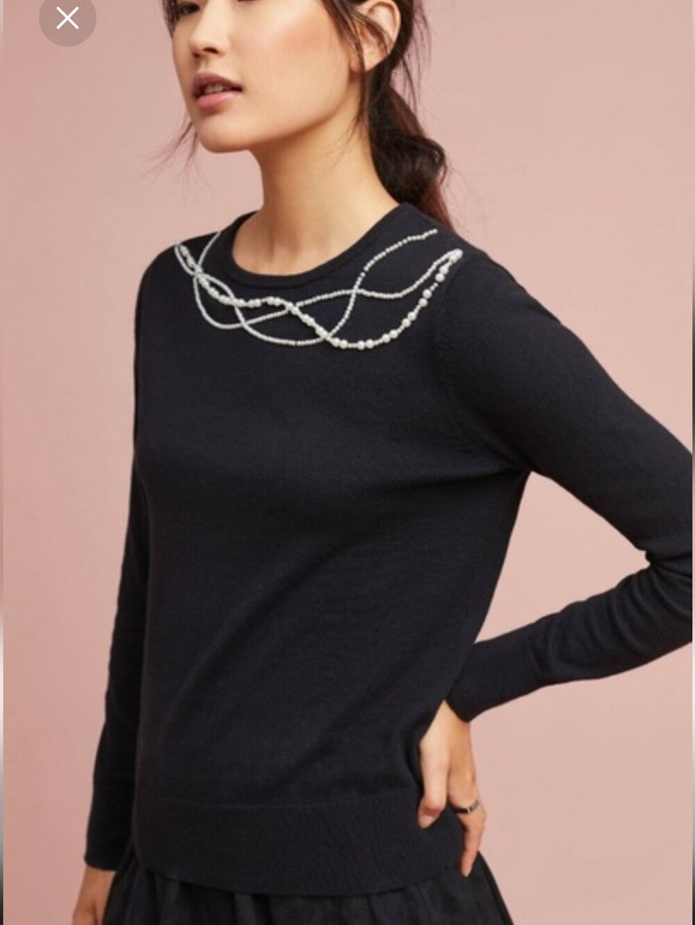 Anthropologie Field & Flower Black Sweater with Faux Pearl Trim Sz S NWT